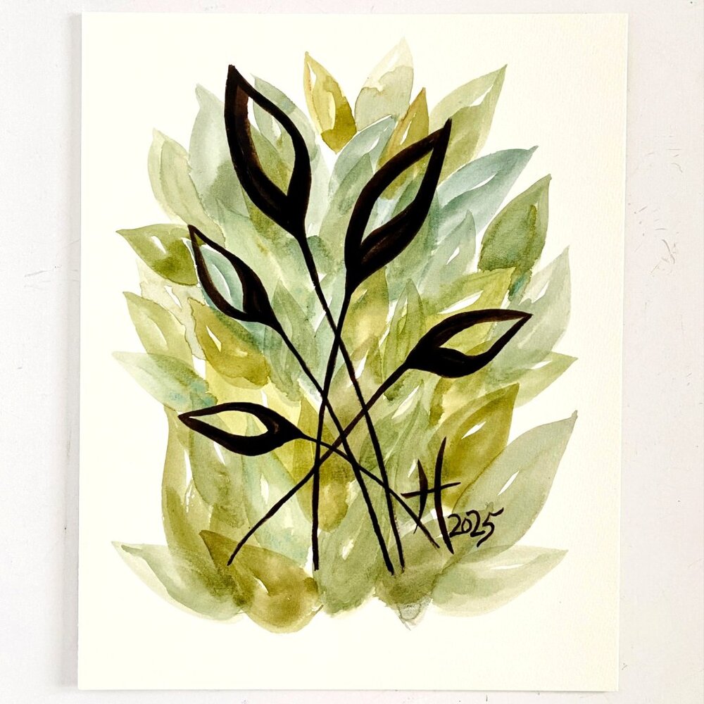 Gaggle Original Art Leaves Watercolor Painting Matted 11x14in Frame Ready